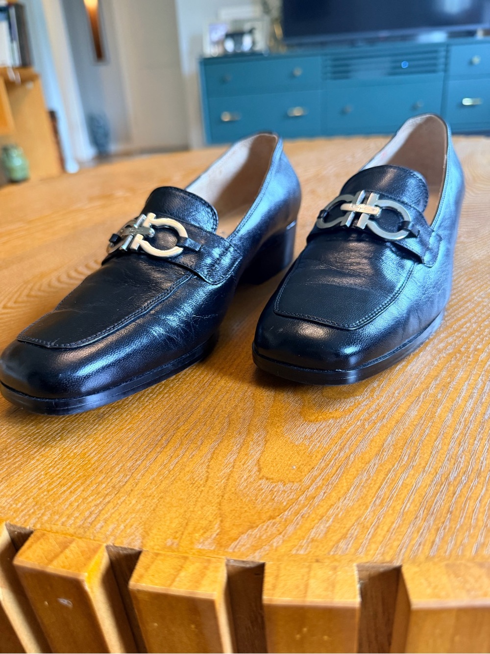 Salvatore Ferragamo Black Leather Women's Loafers with Silver Gancini